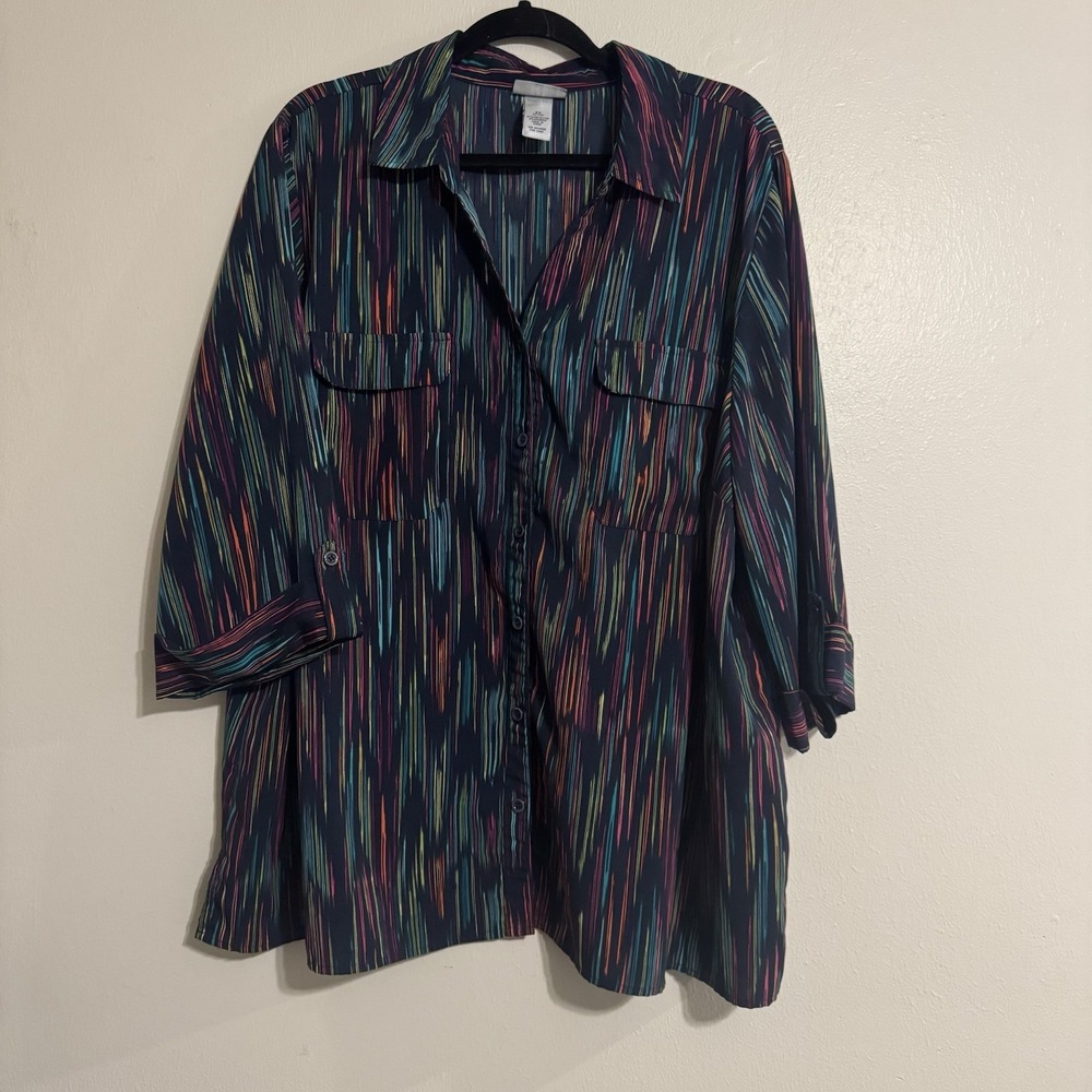 Catherines Womens Tunic Shirt Womens 2X V-Neck 3/4 Sleeve Roll Tab Multicolor